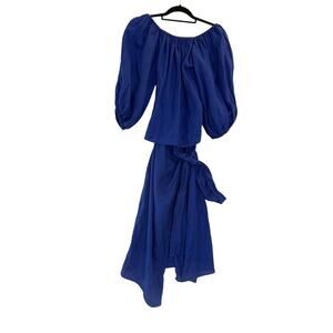 Padova Linen Midi Dress Women's Size 8 Royal Blue Puff Sleeve Layered Columbian
